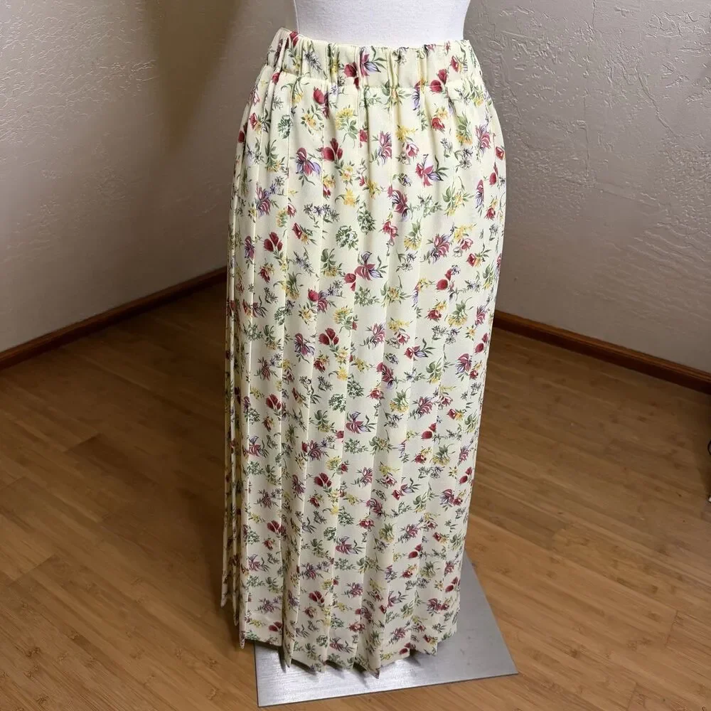 Vintage Susan Bristol Pleated Midi Skirt Womens M Yellow Floral Cottagecore